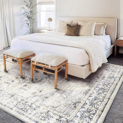 Area Rug 6'x9' Washable Floral Blue Vintage Traditional Floor Cover Thin Retro Kitchen Indoor Distressed Non Slip Carpet for Living Room Bedroom Dining Room