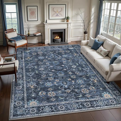 Tangsoo 10x14 Large Area Rug for Living Room, Non Slip Machine Washable Rug for Bedroom, Boho Distressed Vintage Blue Floral Rugs, Soft Indoor Floor Carpet Mat for Office Kitchen Farmhouse Home Decor