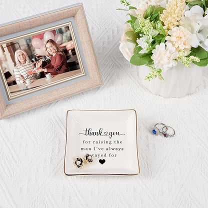 Mother in Law Gifts Jewelry Trinket Dish, Mother of the Groom Gift from Bride - Thank You for Raising the Man I've Always Prayed for - Christmas Mothers Day Birthday Wedding Gifts
