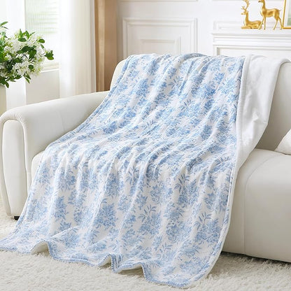 Viviland Fleece Throw Blanket Reversible Muslin Blankets, Soft Throw Blanket for Couch and Bed, Breathable Quilt Bedspread, Gauze Bedding for Adults, Large 50x70 inch, Blue Nerrah
