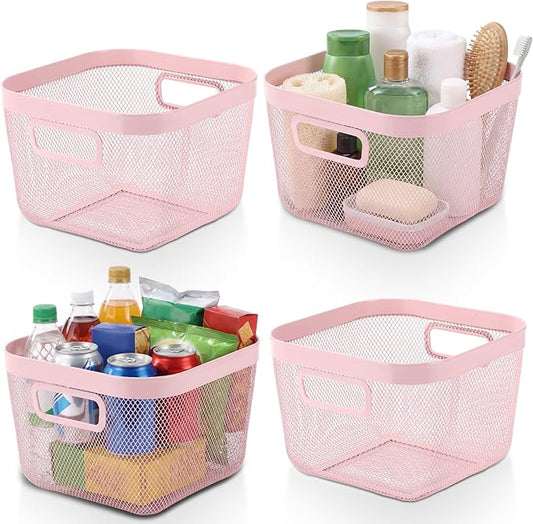 4 Pack Metal Mesh Basket with Hollow Handles Pink Wire Storage Bin for Organizing Stackable Metal Fine Mesh Basket for Pantry Bathroom Kitchen Cabinets Shelves