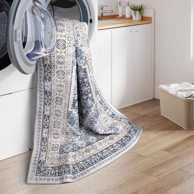 zesthome 8ft Round Rugs for Living Room, Non-Slip Washable Round Area Rugs, Ultra-Thin Large Circle Rugs, Soft Low Pile Rug for Bedroom, Kitchen - Vintage Stain Resistant Round Rug (Blue/Beige,8'x8')