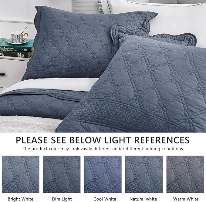 CHIXIN Cotton Bedspread Full Size - Real Stitching - Luxury Quilted Bedding Cover for All Season, Reversible, Ultra Soft, Lightweight, 3 Piece, Smokey Blue