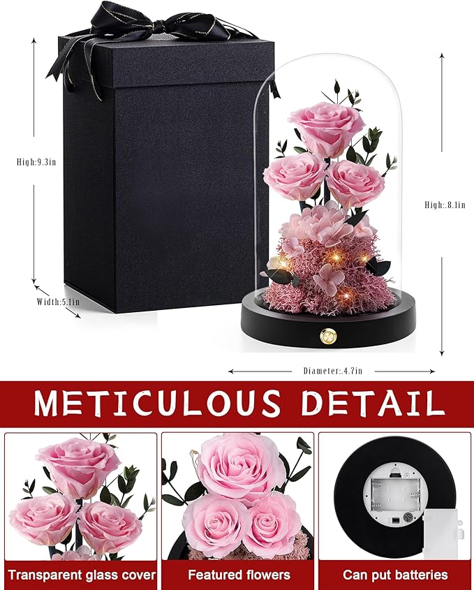 Valentines Day Flowers Roses Gifts for Her,Forever Real Preserved Roses in Glass Dome,Valentines Day Anniversary Birthday Gifts for Wife Girlfriend Women Mom Best Friend Her/Pink Rose
