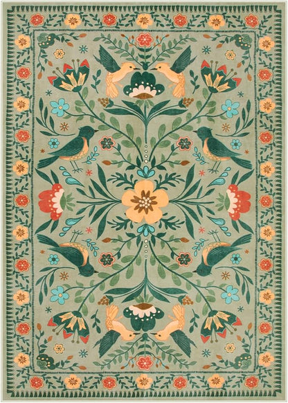 Moynesa Living Room Rug 5x7, Washable Modern Farmhouse Green Area Rugs for Bedroom Dining Room, Country Floral Bird Print Pattern Carpet, Aesthetic Home Decorations Open Floor Areas Protection