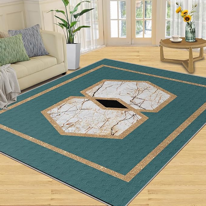 Jadeite Marble Area Rug Abstract Marble Texture Area Rugs for Living Room Light Luxury Stone Crack Carpet Gold Geometric Stripes Outdoor Carpet for Bedroom Living Room 5x7ft