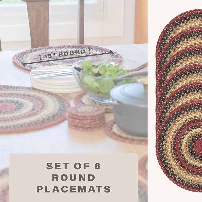 Homespice Highland Jute Woven Round Placemats Set of 6, 15", Warm Lodge and Country Decor, Multicolor Table Mats - Vibrant Colors, Durable, Easy to Clean and Protects Furniture