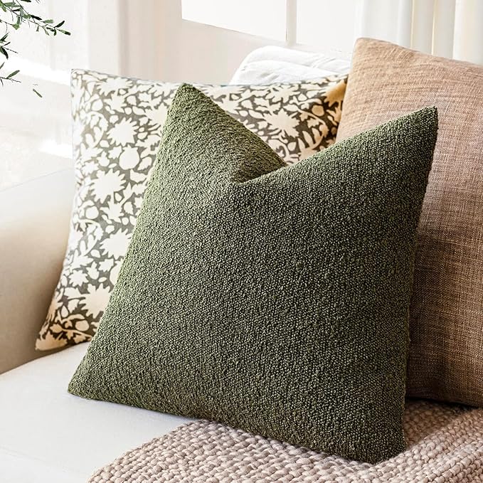 Foindtower Decorative Textured Boucle Throw Pillow Covers Accent Solid Pillow Cases Neutral Soft Cozy Couch Cushion Case for Chair Sofa Bedroom Living Room Home Decor 24x24 Inch,1PC,Moss Green