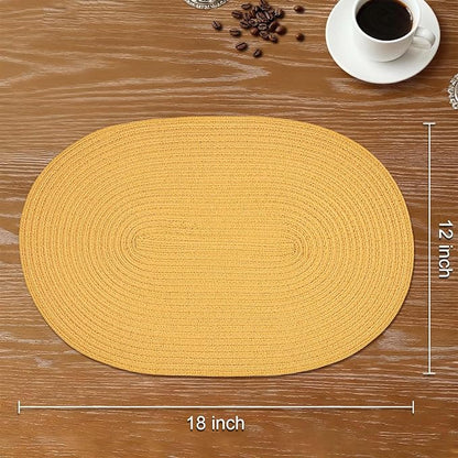 Noctiflorous Oval Braided Placemats Set of 8 Woven 12x18 Inch Non Slip Washable Heat Resistant Place Mats Round Tablemats for Dining Kitchen Party Daily Table Decor Dinner Mats (Solid Yellow, 8)