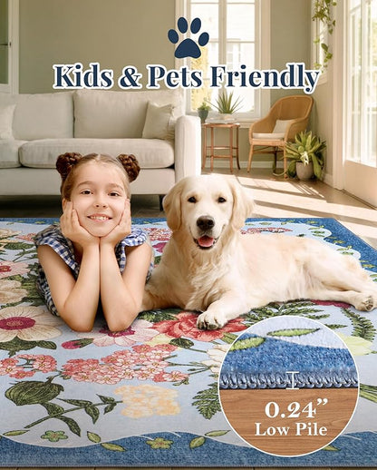 Floral Rugs for Living Room - 9x12 Soft Washable Area Rug Stain Resistant Ultra-Thin Non-Slip Low Pile Farmhouse Vintage Large Carpet for Bedroom Dining Room Nursery Home Office Decor, Blue