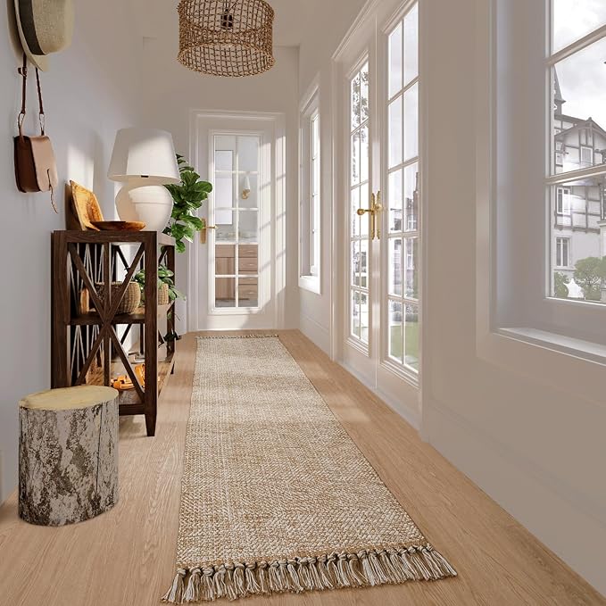 Collive Boho Long Hallway Runner Rug, 2.6x14 ft Washable Runners Rugs for Hall Tan/Cream Low Pile Kitchen Runer Carpet, Woven Cotton Carpets Runners for Entryway Bedside