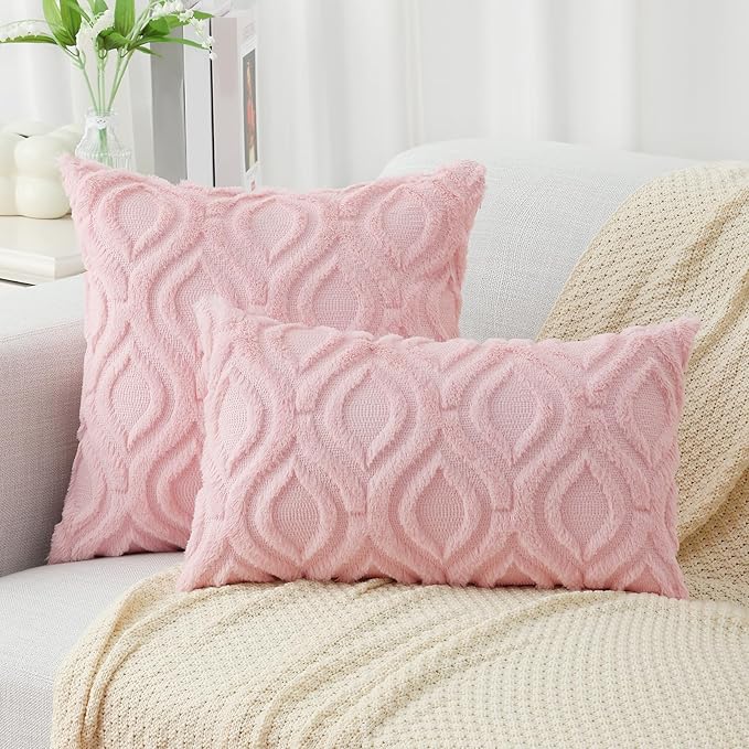 decorUhome Spring Throw Pillow Covers 16x16 Inch Set of 2, Soft Plush Faux Wool Light Pink Solid Couch Pillow Covers, Accent Farmhouse Neutral Square Pillow Cases for Sofa Bed Living Room