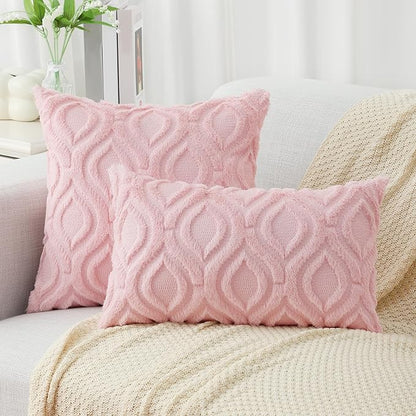 decorUhome Spring Throw Pillow Covers 12x20 Inch Set of 2, Soft Plush Faux Wool Light Pink Solid Couch Pillow Covers, Accent Farmhouse Neutral Square Pillow Cases for Sofa Bed Living Room