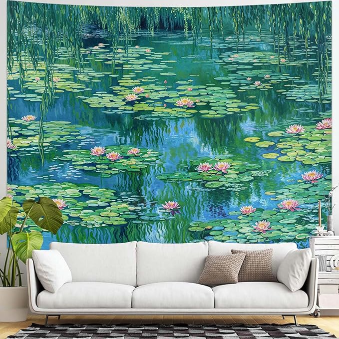 kampdream Landscape Tapestry, Scenery Art Wall Tapestries, Nature Wall Decor for Bedroom Living Room Backdrop Impressionist Pond Lotus 60×80 inches