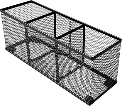 Metal Mesh Pencil Holder, Spacious 3-Compartment Desk Organizer for Pens, Makeup Brushes, Utensils, Multipurpose Office, School ,Kitchen, Home Desktop Storage, 10.43 x 3.35 x 4.04 Inches, Black
