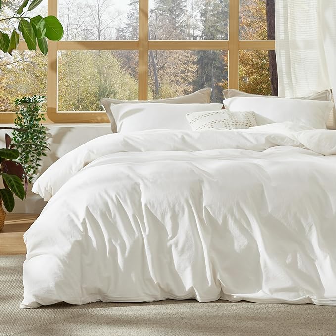 Bedsure 100% Stone Washed Cotton Duvet Cover Queen Size - White Minimalist Cotton Duvet Cover Linen Like for All Seasons - GentleSoft™ Plain Simple Bedding (White, Queen, 90"x90")