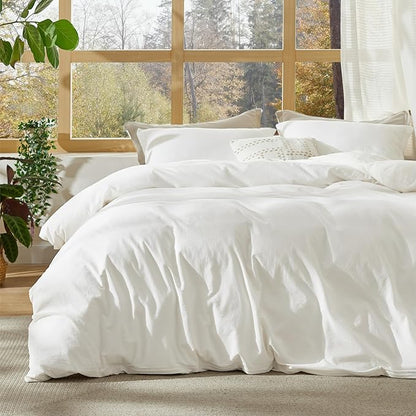 Bedsure 100% Stone Washed Cotton Duvet Cover Queen Size - White Minimalist Cotton Duvet Cover Linen Like for All Seasons - GentleSoft™ Plain Simple Bedding (White, Queen, 90"x90")