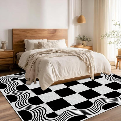 Checkered Area Rug, Checkerboard Rug, Geometric Plaid Washable Rugs 2x3, Modern Checkered Area Rugs, Wavy Line Carpet Non Slip for Bedroom Retro Home Decor Door Mat