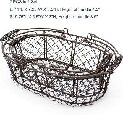 CVHOMEDECO. Oval Metal Wire Egg Basket Wire Fruit Basket with Handle Primitives Vintage Style Storage Basket. Rusty, Set of 2