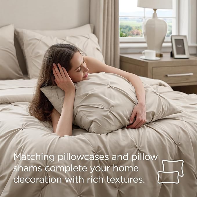 Bedsure Oversized King Comforter Set Beige - Bed in a Bag Bedding Set 7 Pieces, GentleSoft™ Pintuck Bed Set Gift for Family, Pinch Pleat Beige Comforter with Sheets, Pillowcases & Shams