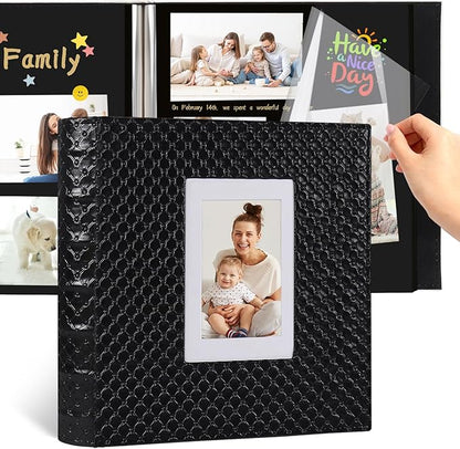 RECUTMS Photo Album Self Adhesive 60 Pages 4x6 5x7 8x10 Photos of Any Size White Inner Button Grain Leather DIY Scrap Book Baby Photo Albums Family Wedding Anniversary Photo Book Album （Black）