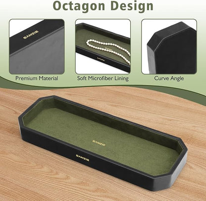 SANZIE Leather Tray Organizer Small Trays Decorative Tray Desktop Storage Premium Serving Tray Valet for Sundries Cosmetics Keys Phone Wallet Cutlery (Black, Medium)