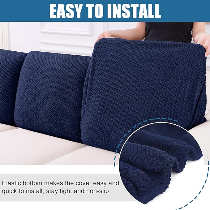 Smiry Waterproof Couch Cushion Covers, Stretch Jacquard Thick Sofa Cushion Covers, Washable Seat Slipcover Elastic Furniture Protector for Pets, Kid (Back Cover L, Navy)