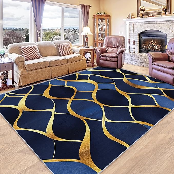Contemporary Rugs for Bedroom - Abstract Geometric Rug, 5x7 Rug, Navy Blue Gold Area Rug & Room Decor, Modern Carpet & Home Decor, Washable Non Slip Anti Skid Rugs