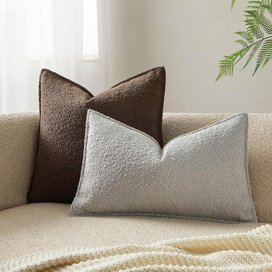 JUSPURBET 12x20 Throw Pillow Covers Set of 2 Decorative Pillow Covers for Couch Sofa Bed Cozy Boucle Textured Lumbar Cushion Covers Cases with Invisible Zipper for Living Room Home Decor,Silver Grey