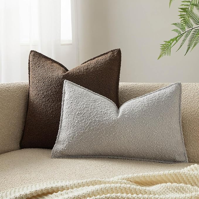 JUSPURBET 16x24 Throw Pillow Covers Set of 2 Decorative Pillow Covers for Couch Sofa Bed Cozy Boucle Textured Lumbar Cushion Covers Cases with Invisible Zipper for Living Room Home Decor,Silver Grey