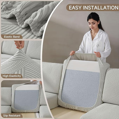 Couch Cushion Covers for Sectional and L Shaped Sofa, Stretch Soft Sofa Covers Washable Wear Resistant Slipcovers Furniture Protector Pet-Friendly (2 Seaters Covers+1 Chaise Cover, Light Gray)