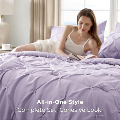 Bedsure Queen Comforter Set Light Purple - Bed in a Bag Queen Size Bedding 7 Pieces, GentleSoft™ Pintuck Bed Set Gift for Family, Pinch Pleat All Season Comforter with Sheets, Pillowcases & Shams