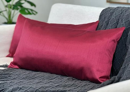 Aiking Home 12x24 Inches Faux Silk Rectangular Throw Pillow Cover, Zipper Closure, Burgundy (Set of 2)