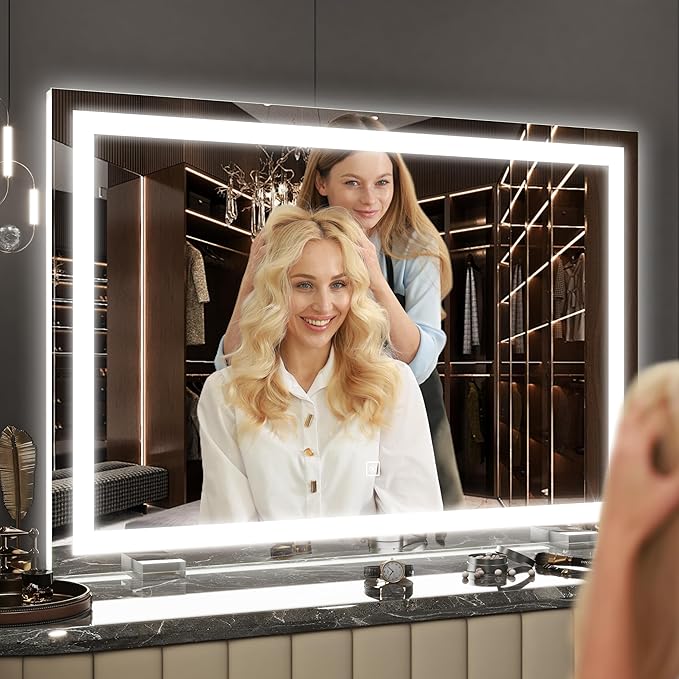 HNV Vanity Mirror with Lights 32"x22" Large Lighted Makeup Mirror, Dimmable 3-Color LED, Touch Screen, Wall-Mount or Tabletop, Ultra-Clear for Bathroom & Bedroom (White)