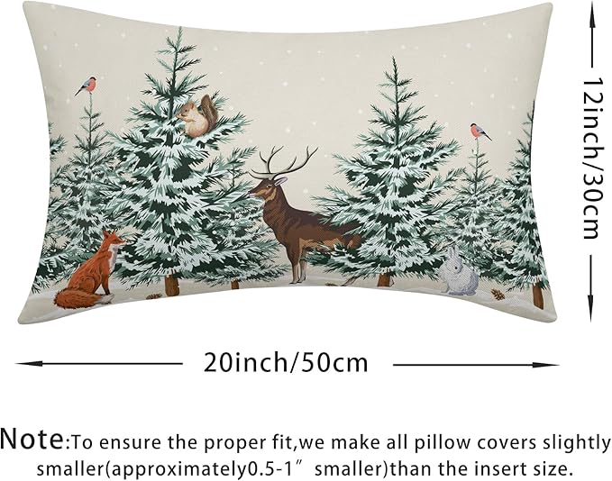 Christmas Tree Lumbar Pillow Covers 12x20 Set of 2 Deer Animal Print Decorative Outdoor Dark Green Xmas Throw Pillow Cases Rustic Winter Holiday Decoration Farmhouse Sofa Couch Cushion Cover Bed Decor