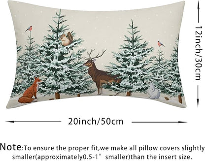 Christmas Tree Lumbar Pillow Covers 12x20 Set of 2 Deer Animal Print Decorative Outdoor Dark Green Xmas Throw Pillow Cases Rustic Winter Holiday Decoration Farmhouse Sofa Couch Cushion Cover Bed Decor