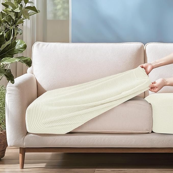 CHUN YI 2PC Stretch Couch Cushion Covers, Sofa Seat Slipcovers Suitable for Armchair Loveseat Sofa with Spandex Jacquard Fabric(2pc,Ivory White)