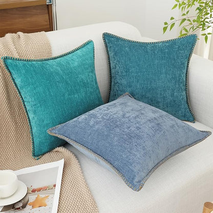 decorUhome Spring Chenille Soft Throw Pillow Covers 24x24 Set of 2, Farmhouse Velvet Neutral Decorative Euro Sham Pillow Covers with Stitched Edge for Couch Sofa Bed Home Decor, Blue