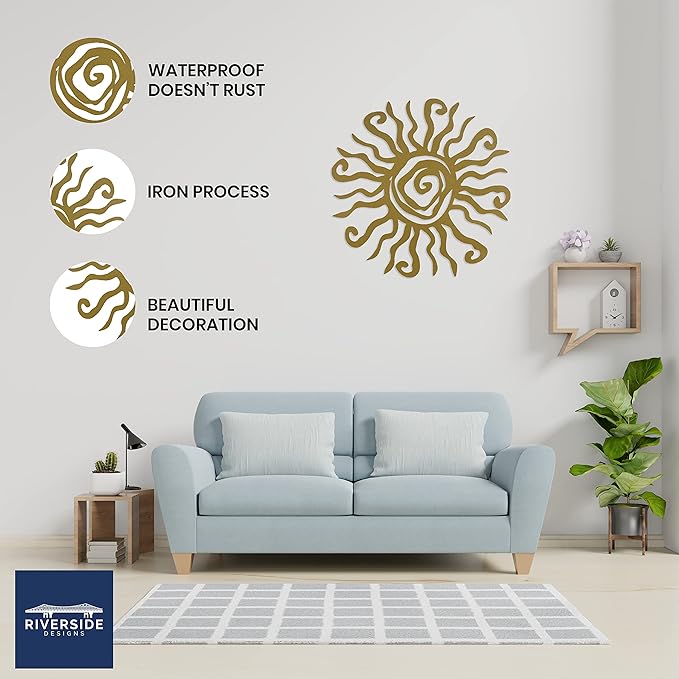 Riverside Designs Wacky Sun Metal Wall Art Indoor/Outdoor Decor - 30" Gold Rust Proof Wall Sculpture - Made in USA - Ideal for Bedroom, Garden, Home, Patio and Farmhouse