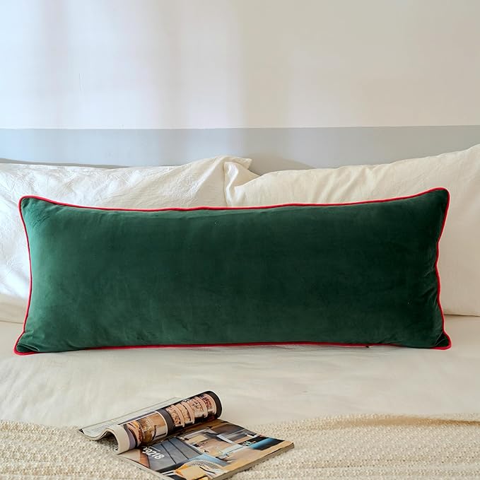 LIGICKY Christmas Long Lumbar Pillow Cover 14x36 inch Red Velvet Dark Green Rope Edging Throw Pillow Covers Decorative Rectangular Body Pillow Case Accent Textured Cushion Cover for Bed Couch
