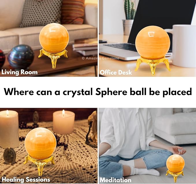Amazing Gemstone Yellow Calcite Banded Crystal Ball with Stand - 1.5" Inches Crystal Sphere Meditation Balls for Witchcraft and Decorative Balls