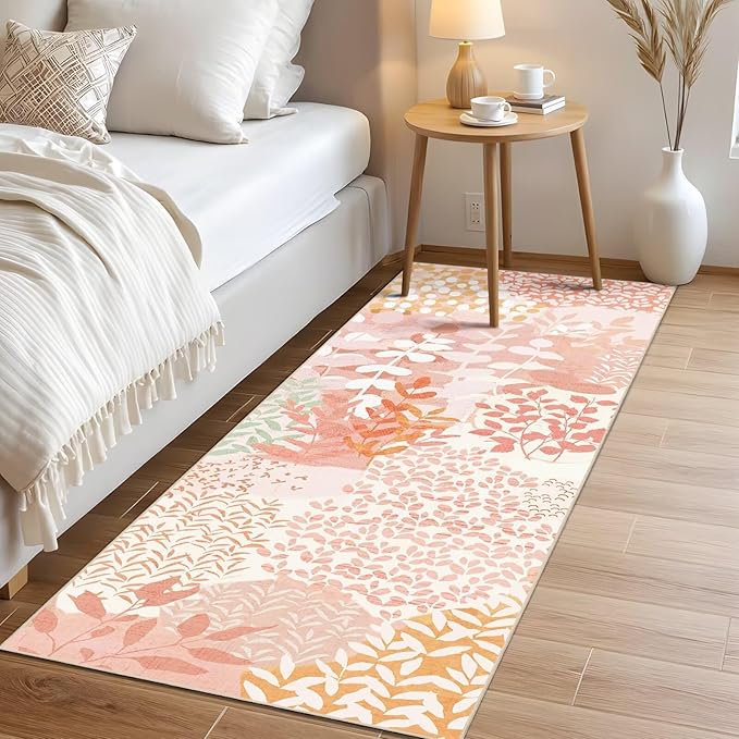 DEXDE Runner Rug 2x6, Washable Hallway Boho Soft Area Rugs Abstract Long Non Slip Botanical Leaves Floral Print Carpet for Entryway Kitchen Laundry Bedroom,Pink