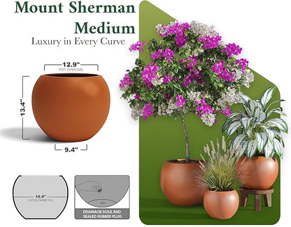 DTY Signature Mount Sherman Modern Indoor Outdoor Fiberstone Sphere Planter, Durable Round Garden Pot, Weather Resistant, Drainage Hole & Rubber Plug - Medium, Terracotta