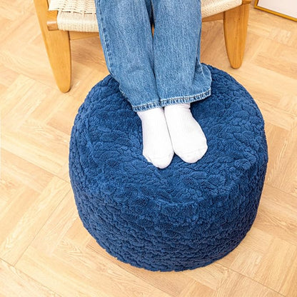 Unstuffed Ottoman Pouf Cover – Round Faux Fur Footstool Plush Floor Pouf (No Filler Included) Perfect for Living Room, Bedroom, or Office Lounge (Navy Blue, 26x26x18 in)