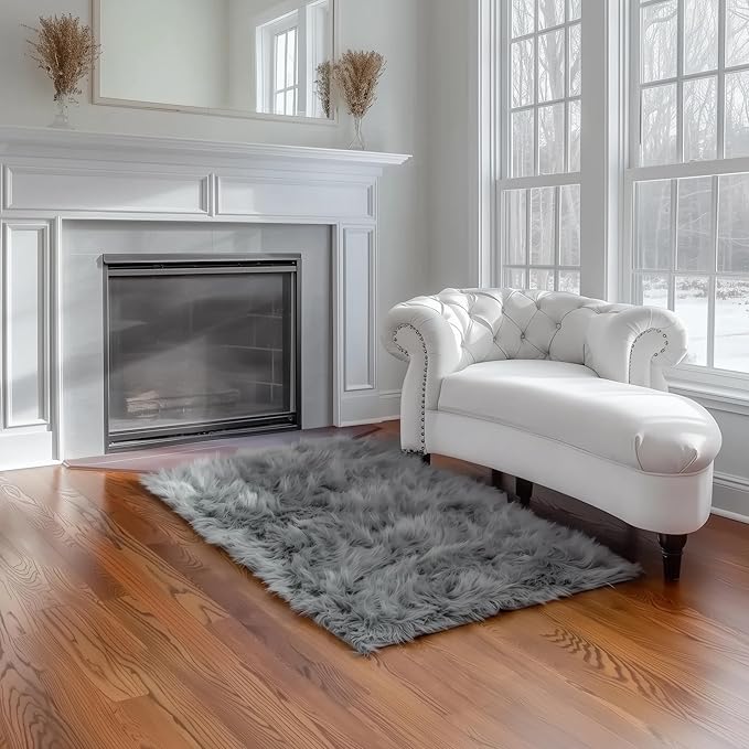 4 x 6 ft Fluffy Gray Rug – Cozy Faux Fur Rug for Bedroom, Living Room, or Nursery – Soft Faux Sheepskin Decor Accent