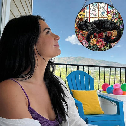 Rngmsi Stained Glass Window Hanging, 7.8″ Cat and Flower Sun Catchers with Hook Indoor Window Decor, Decorative Suncatchers Hanging Ornaments Home Garden Art Gift for Housewarming