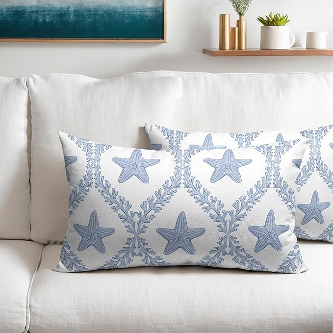 Coastal Pillow Covers 12x20 Set of 2 Ocean Starfish Pattern Decorative Light Blue Pillowcases Outdoor Beachy Throw Pillow Covers with Zipper Soft Cozy for Sofa Bed Chair Living Room Home Decor