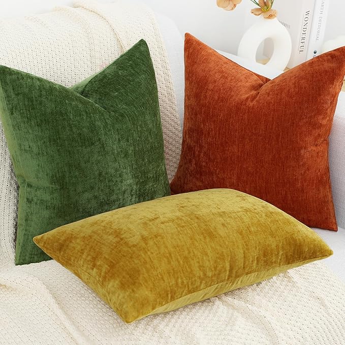 decorUhome Chenille Moss Green Spring Throw Pillow Covers 20x20 Inch Set of 2, Decorative Soft Couch Pillow Covers Solid Dyed Accent Farmhouse Neutral Square Pillow Cases for Sofa