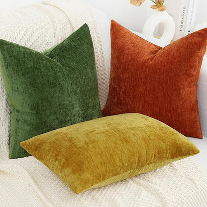 decorUhome Chenille Moss Green Spring Throw Pillow Covers 18x18 Inch Set of 2, Decorative Soft Couch Pillow Covers Solid Dyed Accent Farmhouse Neutral Square Pillow Cases for Sofa