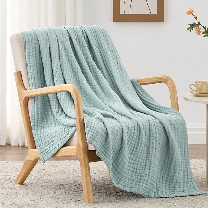 Love's cabin 6 Layer 100% Cotton Muslin Blanket, 60"x80" Twin Muslin Blanket for Couch Bed, Lightweight and Breathable Cotton Gauze for Adult, Cyan